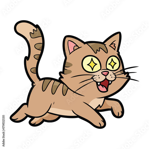 Playful Cat Illustration: A cute, cartoon cat with bright eyes and a happy expression bounds with playful energy, radiating joy.