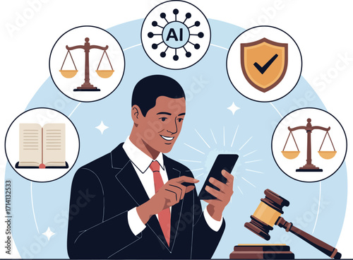Man using phone with law and ai symbols around him illustration