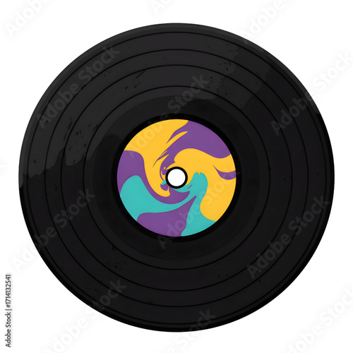 Black vinyl record illustration with colorful abstract purple, turquoise, and yellow label on white background