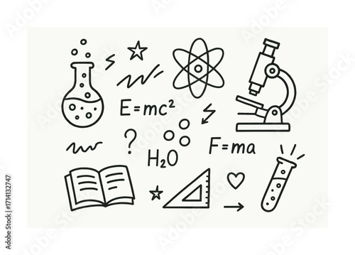 Science doodles: chemistry, physics, and math symbols on white background