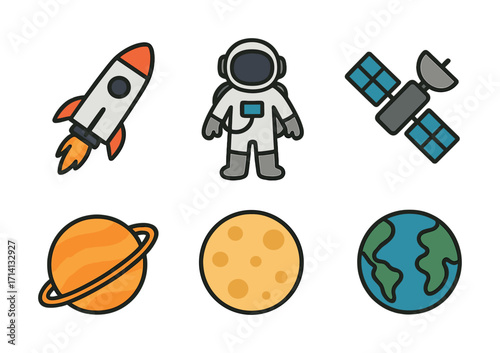 Space exploration icons: rocket, astronaut, satellite, planets, and earth