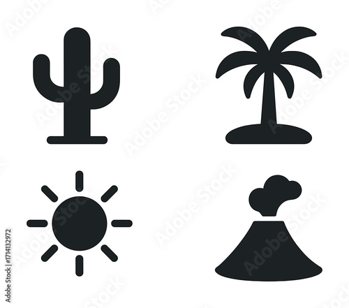 Silhouette icons: cactus, palm tree, sun, volcano illustrations