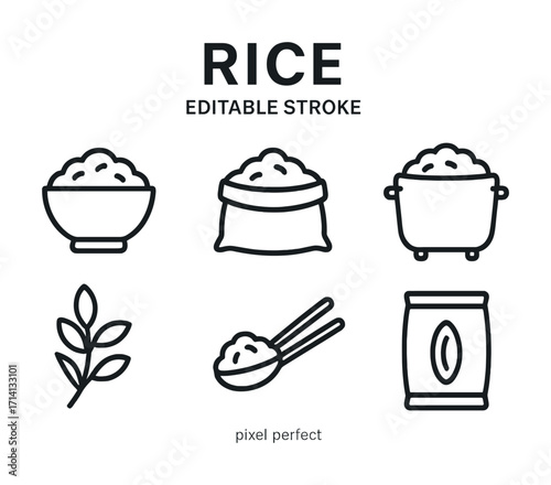 Rice icons set: bowls, sack, pot, plant, spoon, package - editable line art