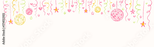 Cute line doodle pencil drawing. Disco ball, tinsel, star and heart neon crayon background. Feminine sketch. Bachelorette and Birthday party, Christmas celebration boarder. Nightclub coquette poster