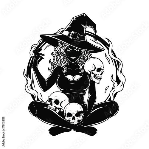 Monochrome illustration of a witch with skulls, wearing a hat and sitting cross-legged.