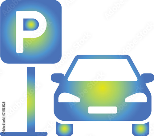 Illustration of a blue car parked near a parking sign on white