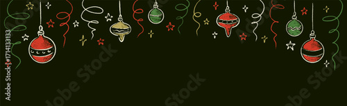 Merry Christmas and Happy New Year hand drawn crayon background with cute line doodle Christmas tree baubles, streamer, serpentine, confetti, stars, blings and twinkles. Childish crayon scribbles