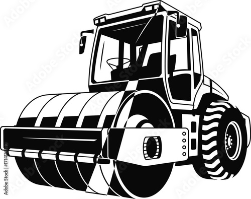 Detailed black and white illustration of a large road roller, also known as a compactor, representing heavy construction, civil engineering, and road paving.