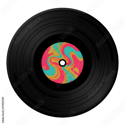 Black vinyl record illustration with psychedelic pink, teal, and gold label on white background
