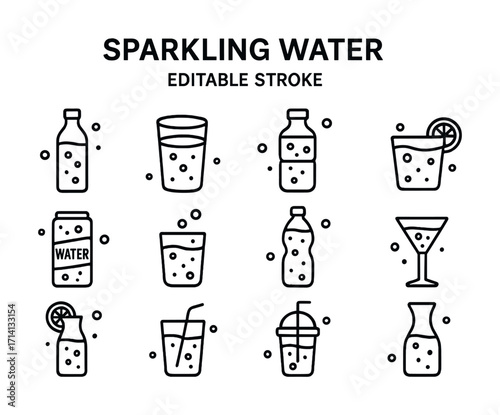 Variety of sparkling water icons featuring bottles and glasses with bubbles and citrus