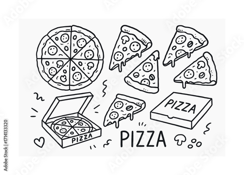 Hand-drawn pizza slices and boxes illustration with pepperoni toppings