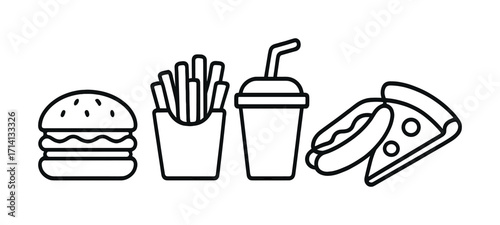 Outline icons of fast food items: burger, fries, soda, pizza, hot dog