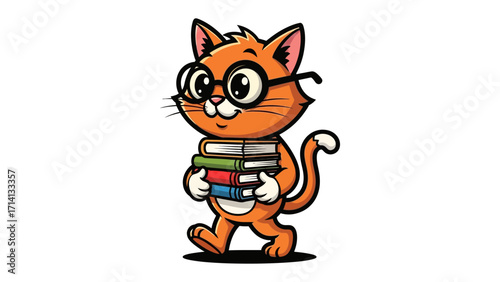 Smarty Cat's Book Bonanza: A charming cartoon cat, adorned with glasses, confidently strides forward, carrying a stack of colorful books in a captivating visual of intellectual pursuits.