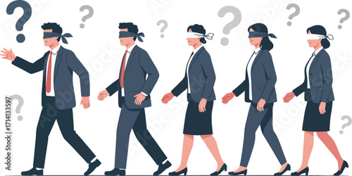 Blindfolded people walking with question marks above their heads