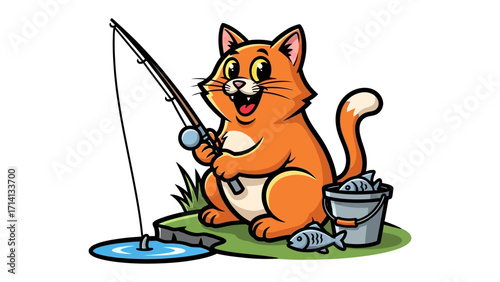 Catch of the Day: An animated cat enthusiastically fishes with rod and reel, its bucket nearby filling with its aquatic prize.
