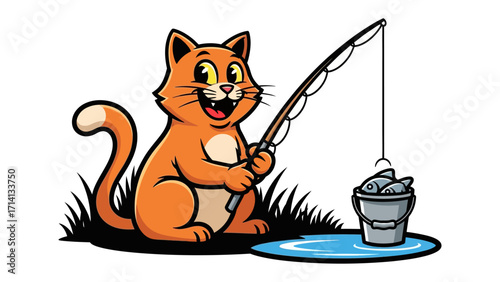 Happy Cat's Fishing Adventure: A cheerful orange cat with a beaming smile joyfully engaged in fishing, a bucket full of fish and enjoying outdoor recreation