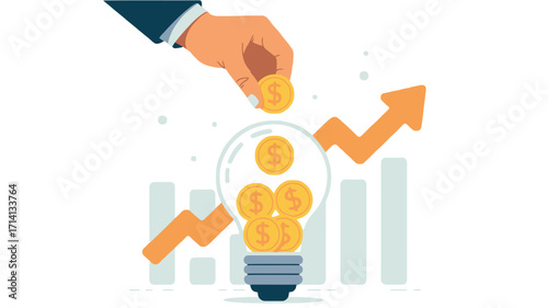 Hand putting coin into lightbulb with upward trending graph bars
