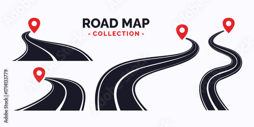 Road Map Collection with Location Pin Navigation Symbol. Creative highway symbol vector illustration isolated on white background.