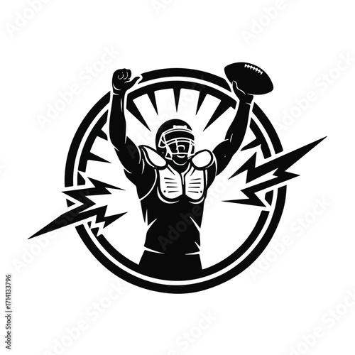Black and white illustration of an American football player celebrating a touchdown with the ball.
