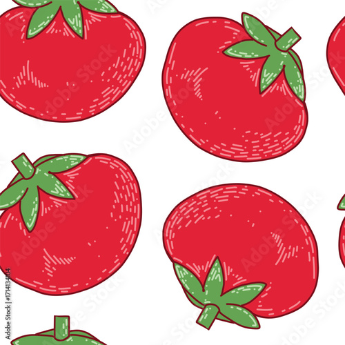 Vector seamless pattern of bright red tomatoes, all objects hand-drawn in vector. The illustration is suitable for printing on kitchen textiles, food packaging, for design. Vector illustration