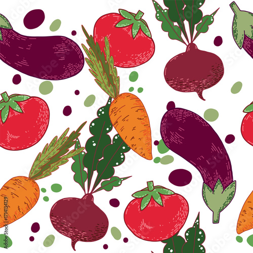 Seamless vector pattern of seasonal vegetables, eggplant, carrots, red tomatoes, beets, greens. All objects are hand-drawn with ink, illustration for printing on textiles, product packaging.