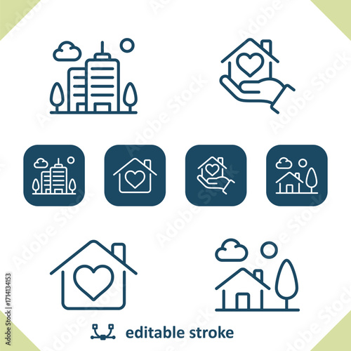 Real Estate Icons. House, Home, City, Apartment Building, Hand, Dream Home, Town Icon