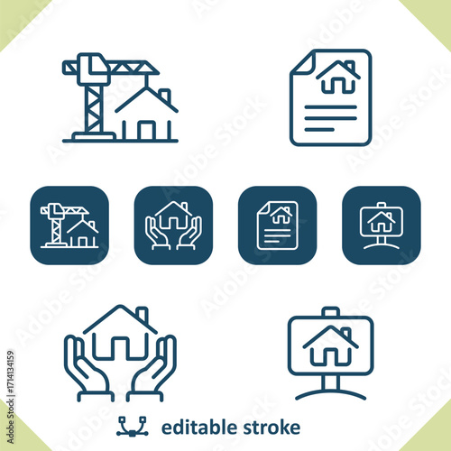 Real Estate Icons. House, Home, Construction, Contract, Lease, Hands, For Sale Sign Icon