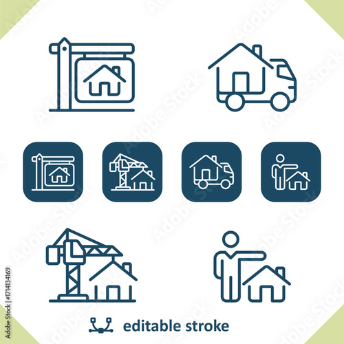 Real Estate Icons. House, Home, For Sale Sign, Moving Truck, Construction, Realtor Icon
