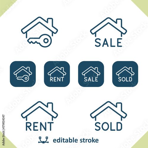 Real Estate Icons. Sign, For Sale, Rent, Sold, Key, Home, House Icon
