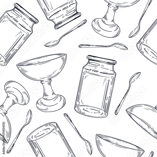 Seamless vector pattern of empty dishes, glass jar for preservation, jam vase, teaspoon. All objects are hand-drawn with ink. Suitable for printing on wrapping paper, fabric. Vector.
