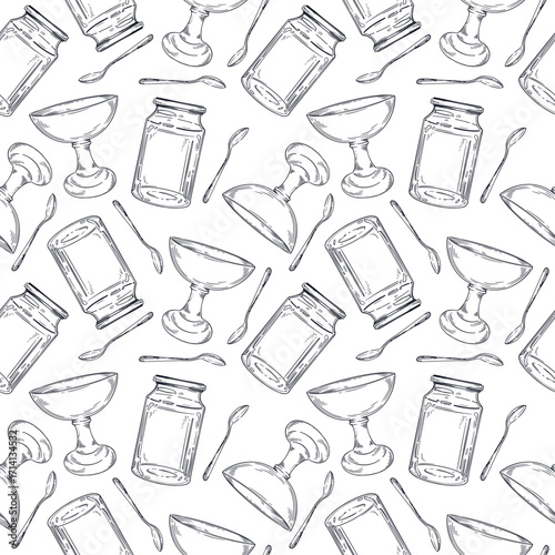 Seamless vector pattern of empty dishes, glass jar for preservation, jam vase, teaspoon. All objects are hand-drawn with ink. Suitable for printing on wrapping paper, fabric