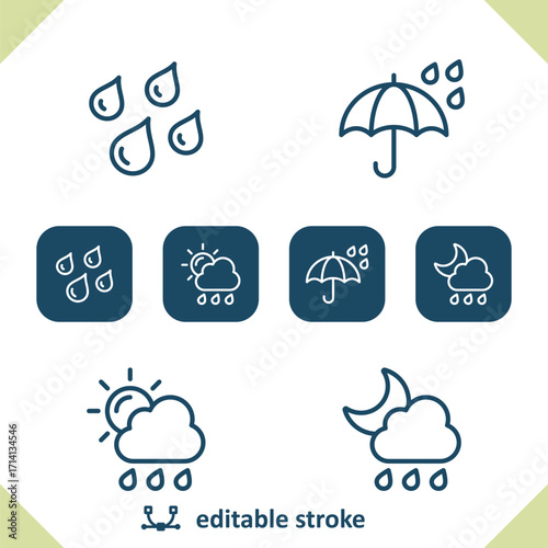 Weather Icons. Raining, Rain, Cloud, Raindrop, Droplet, Sun, Moon, Umbrella