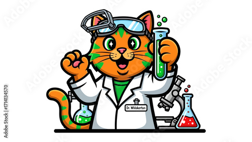 Clever Cat Scientist: A charming cat, donned in a lab coat and goggles, proudly presents a chemical experiment with bubbling.