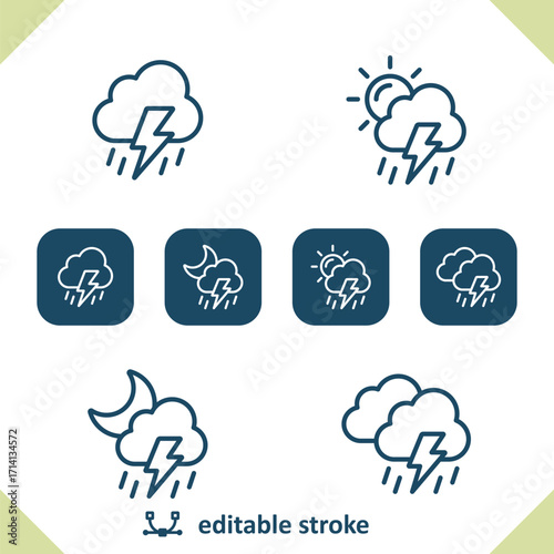 Weather Icons. Raining, Rain, Cloud, Storm, Lightning, Sun, Day, Moon, Night