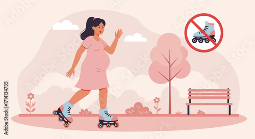 A pregnant woman rollerblading. The concept of harm during pregnancy is due to the high risk of falls and injuries, which can lead to serious complications for mother and baby