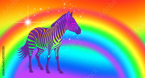 Vector iridescent standing violet zebra. Classic rainbow. Bright, colorful striped, artiodactyla african cartoon animal. Wild fairytale horse. Color poster