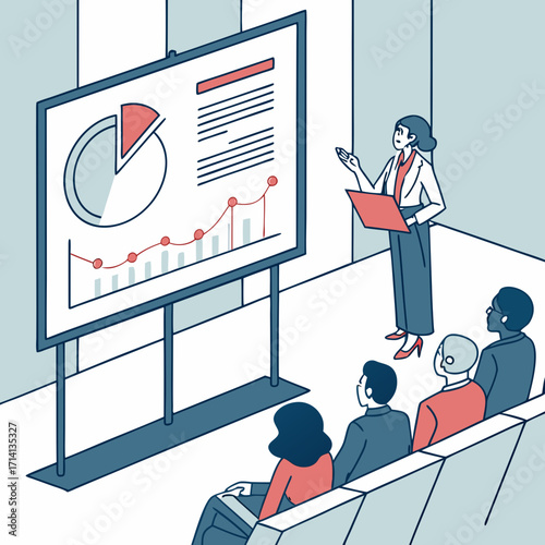 Woman presenting charts and graphs to an audience in a meeting room with a pie chart display created with generated ai