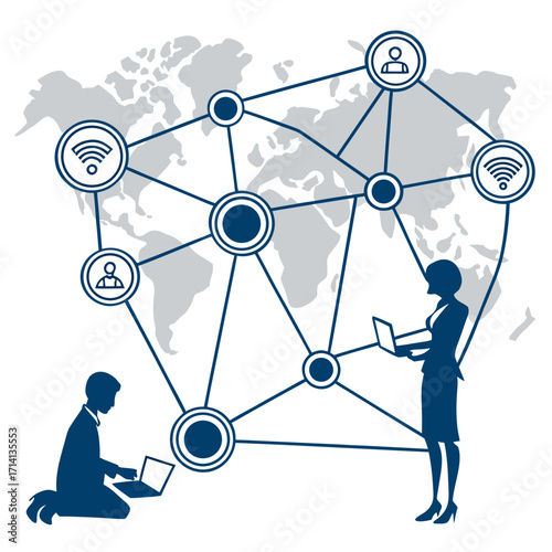 Illustration of global network with people using laptops and world map in the background design concept created with generated ai
