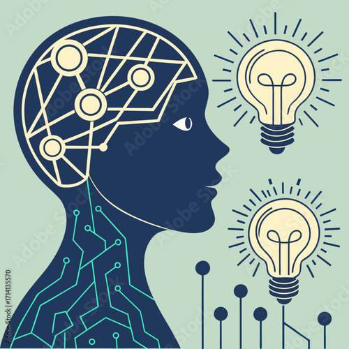 Stylized illustration of a head with network connections and light bulbs symbolizing ideas and innovation created with generated ai