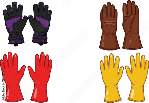 Collection of cartoon gloves, red rubber gloves, yellow cleaning gloves, brown leather gloves, purple sports gloves, protective handwear illustration design
