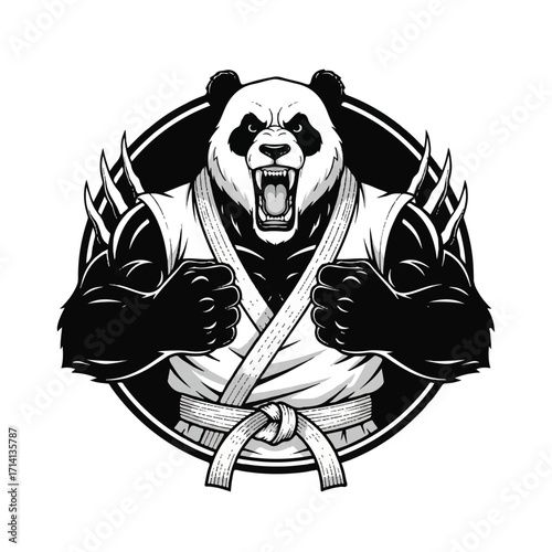 A fierce panda in a martial arts uniform, roaring with determination, in a circular emblem.