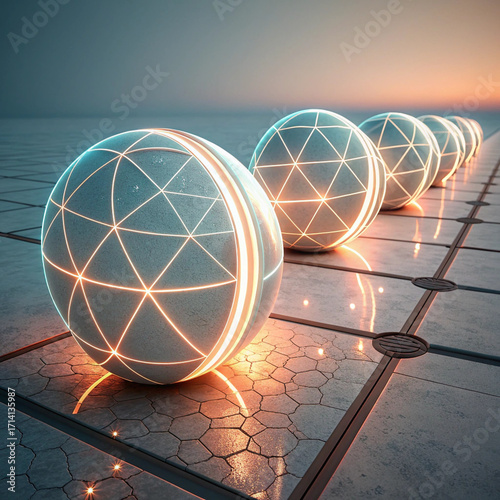 Row of glowing spheres with geometric patterns on a tiled surface under a hazy sky at dusk or dawn created with generated ai