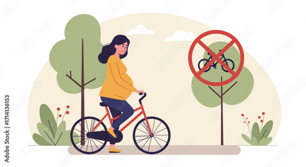 Fototapeta premium A pregnant woman rides a bicycle in a park without a bicycle sign - the concept of harm during pregnancy for an unborn child due to possible injuries
