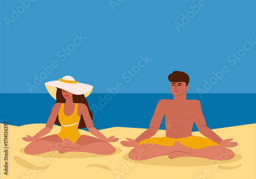 Young tanned couple woman and man meditating on the beach, lovers sitting in the lotus position, yoga class by the sea in summer - vector color flat illustration for banners, postcards, posters