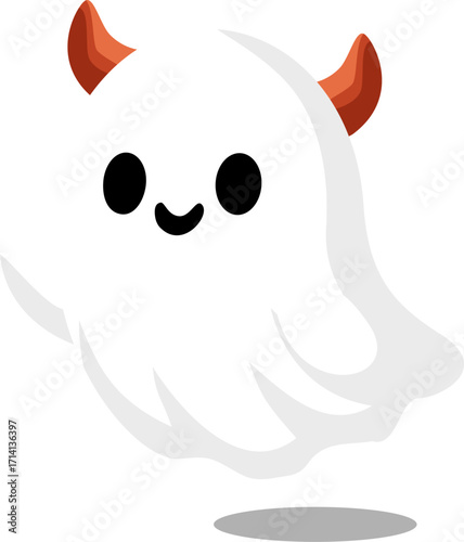 Playful devil ghost character with red horns smiling for spooky Halloween night decoration