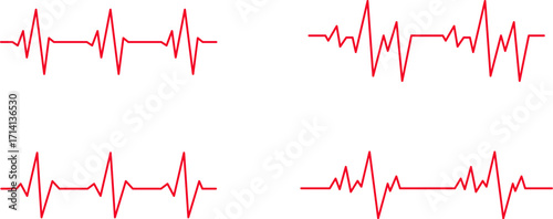 Red Heartbeat Cardiograph Line Vector Set on White Background