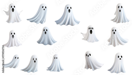 Cute and scary ghost illustrations in various poses, white sheet style, cartoon vector, isolated on transparent background