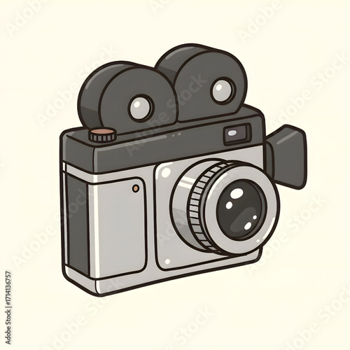 Cartoon vintage film camera illustration with two reels and silver body on light background