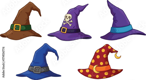 Collection of colorful cartoon witch hats, magical wizard hats, Halloween costume accessories, fantasy sorcery headwear, spooky decoration, mystical illustration design