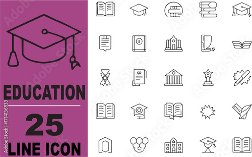 Education, Study,  and Learning Icons set –Reading, Lecture, Course, Graduation, University, Literacy, Knowledge, Skills, Books, Graduation, Academic Symbols and Thin Liner Silhouette illustrations   